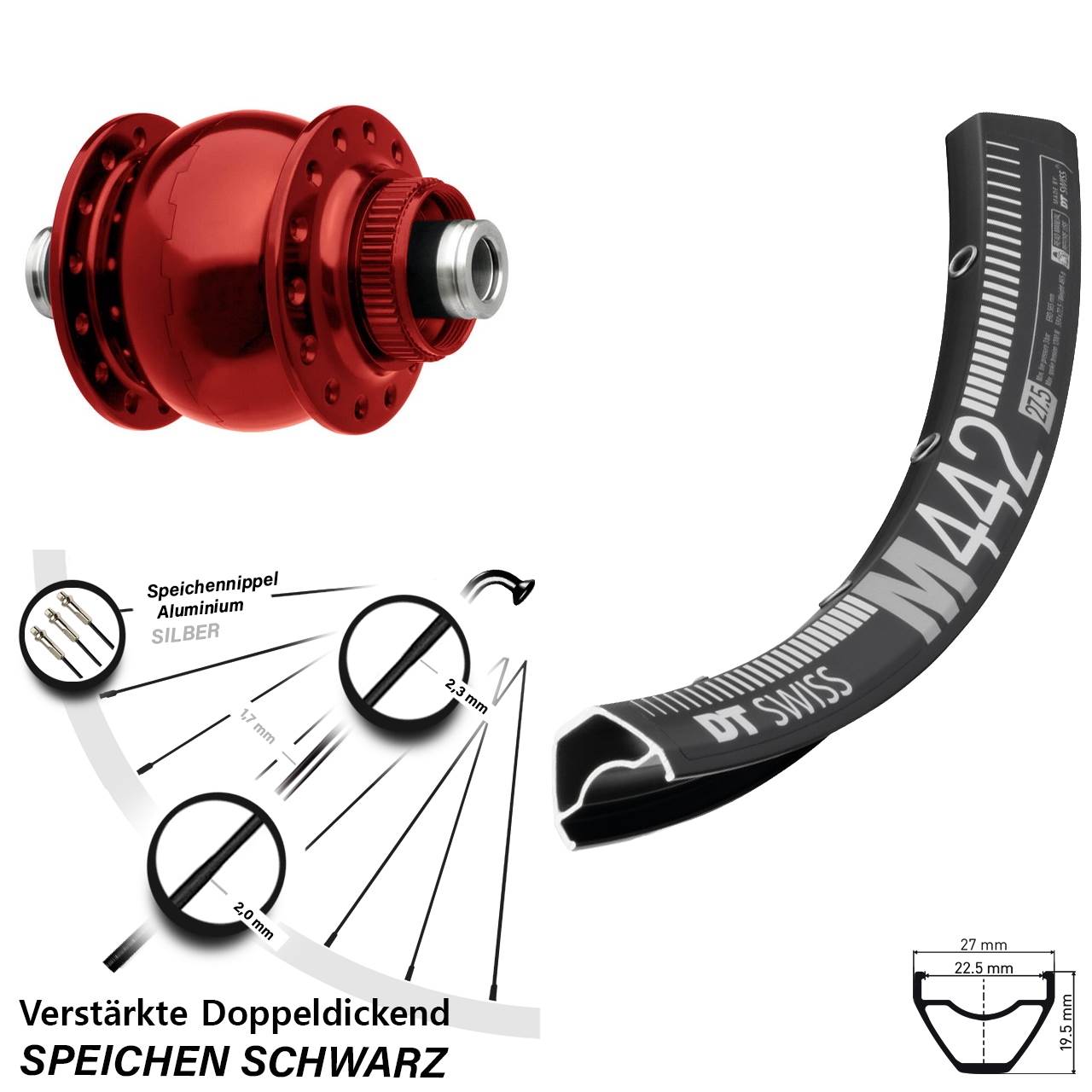 Centerlock Dynamo-Vorderrad 12x100 DT Swiss M442 SON 28 Zoll rot