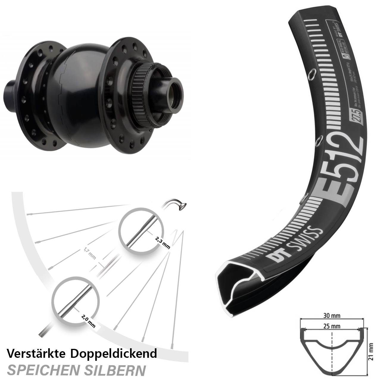 29 Zoll Nabendynamo-Vorderrad Centerlock DT Swiss E512 SON 28 15x110 Boost