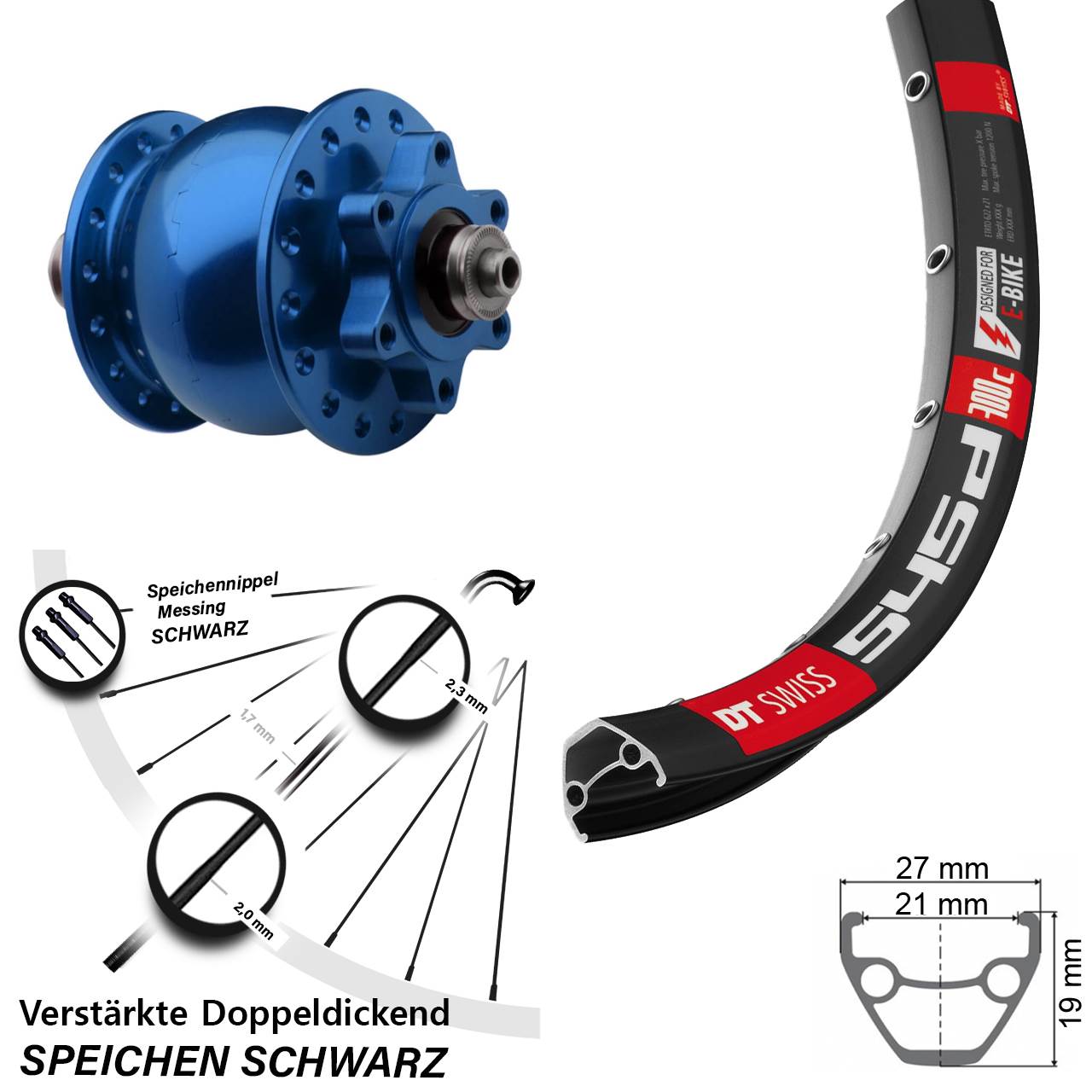 Nabendynamovorderrad 6-Loch QR 28-29 Zoll DT Swiss 545 SON 28 blau