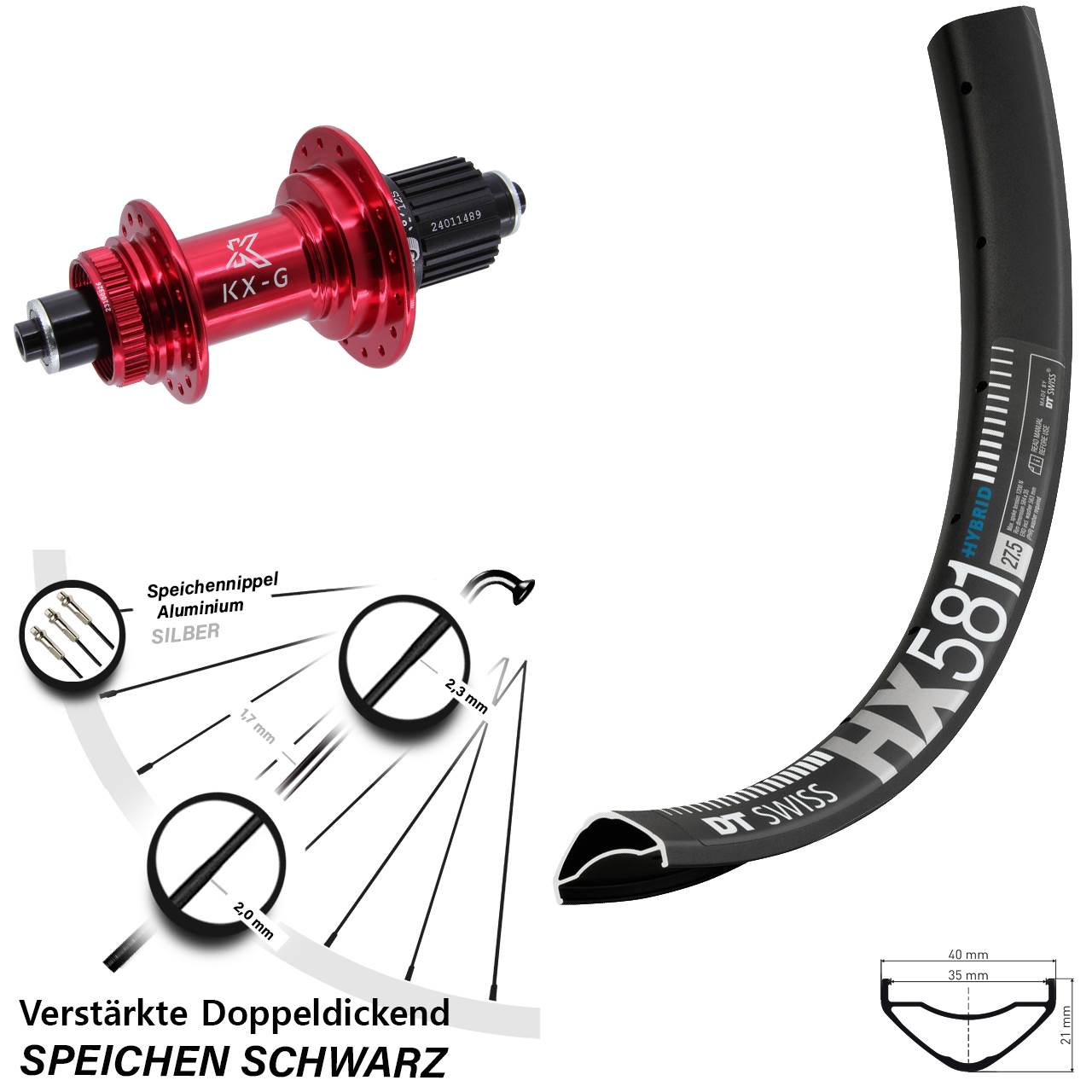27,5 Zoll DT Swiss HX 581 KX-G rot Centerlock Hinterrad QR Micro Spline
