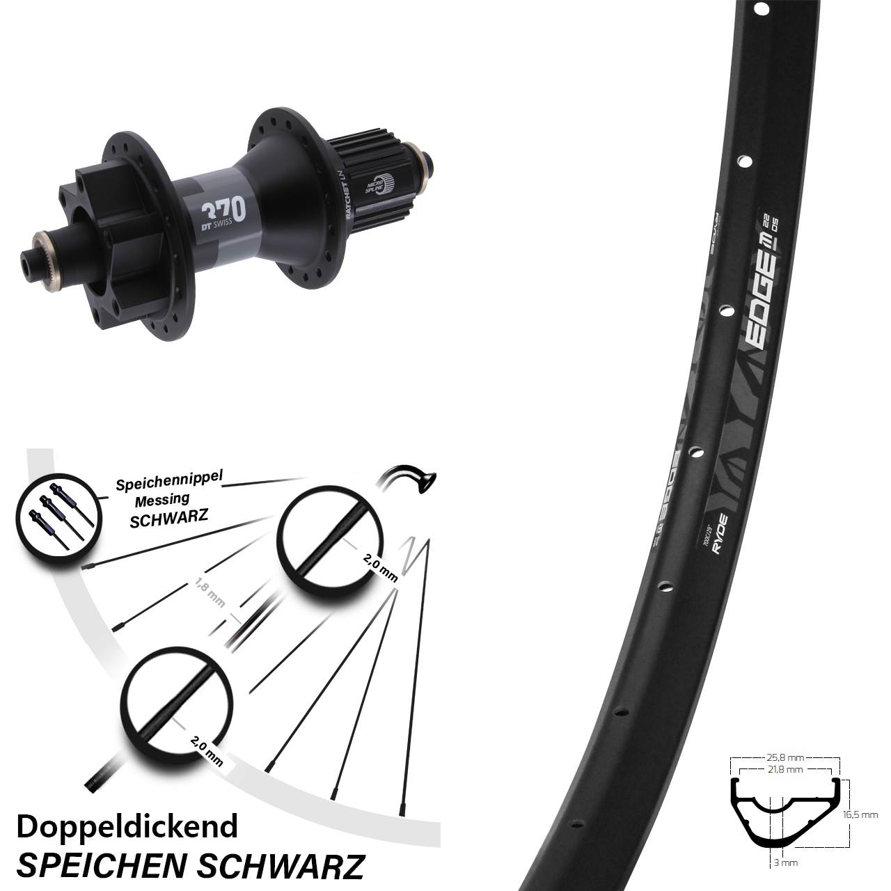 28-29 Zoll Ryde Edge M22 OS DT Swiss 370 Disc Laufrad für Schnellspanner Micro Spline