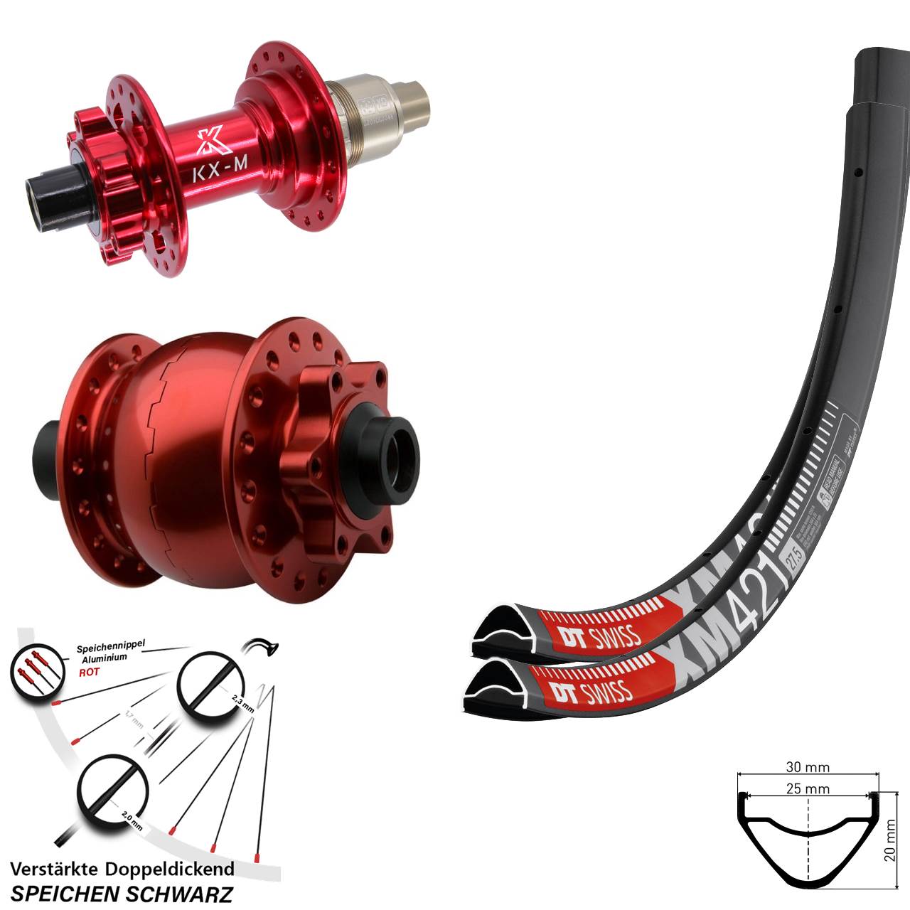 Disc Laufrad-Satz 15x100 12x142 650B DT Swiss XM 421 KX-M rot SON 28 rot XD
