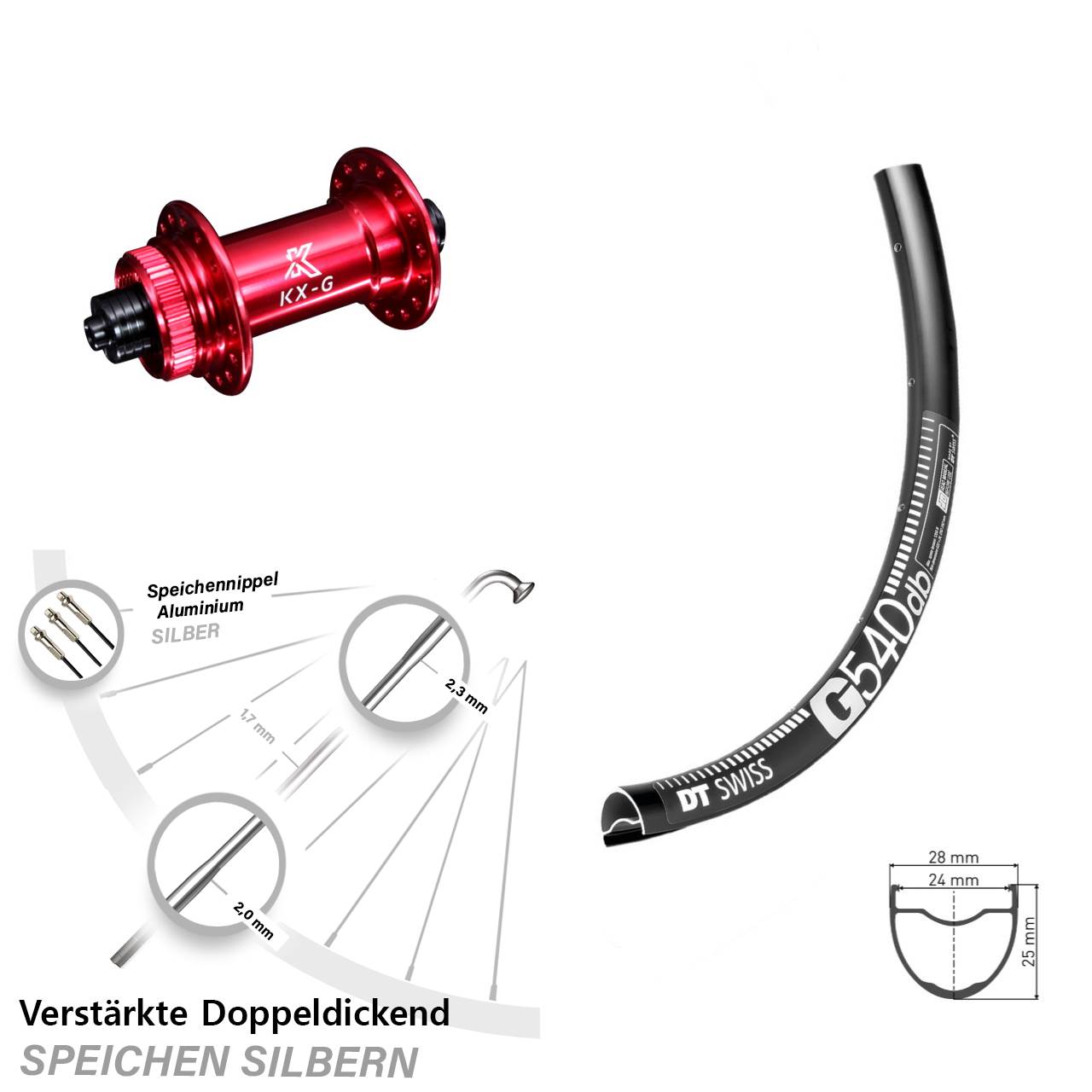 DT Swiss G540 Disc Gravel Vorderrad verstärkt KX-G rot 5x100