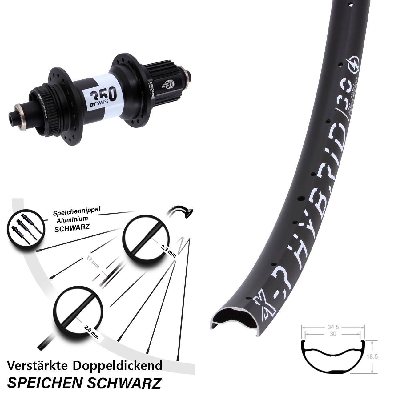 KX-R Hybrid 30 DT Swiss 350 29 Zoll Hinterrad für Schnellspanner Shimano Micro Spline