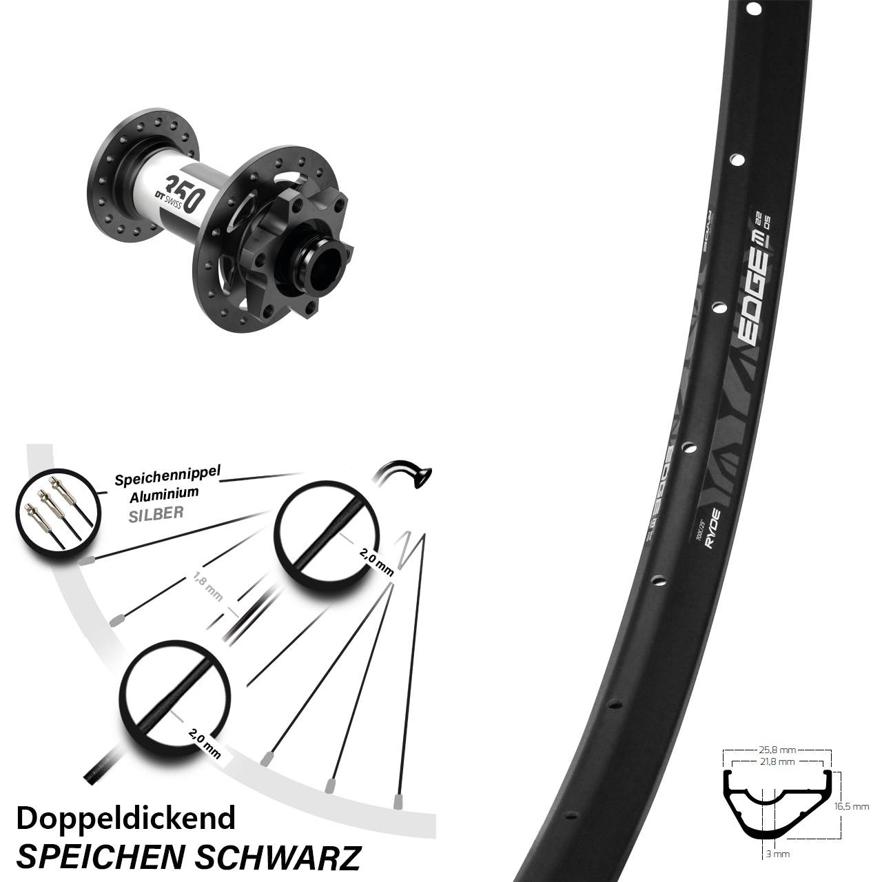 Ryde Edge M22 OS Disc DT Swiss 350 12x100 Vorderrad 28 Zoll schwarz
