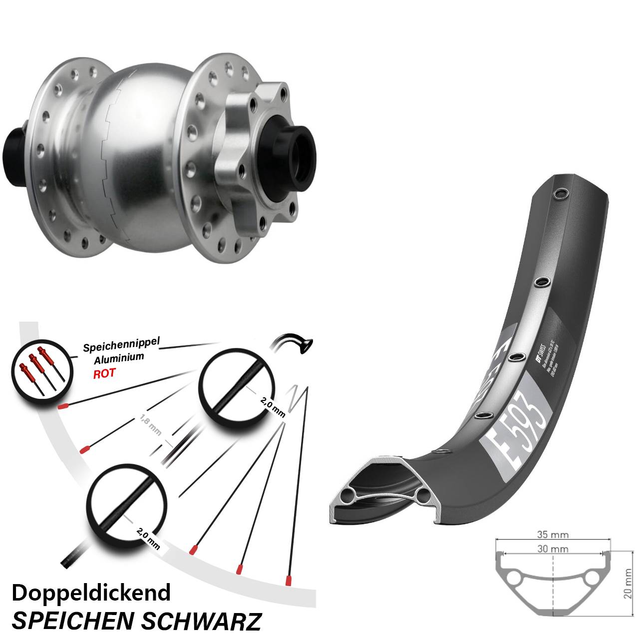 SON 28 silbern DT Swiss E 593 650B Disc Vorderrad mit Nabendynamo 15x110 Boost