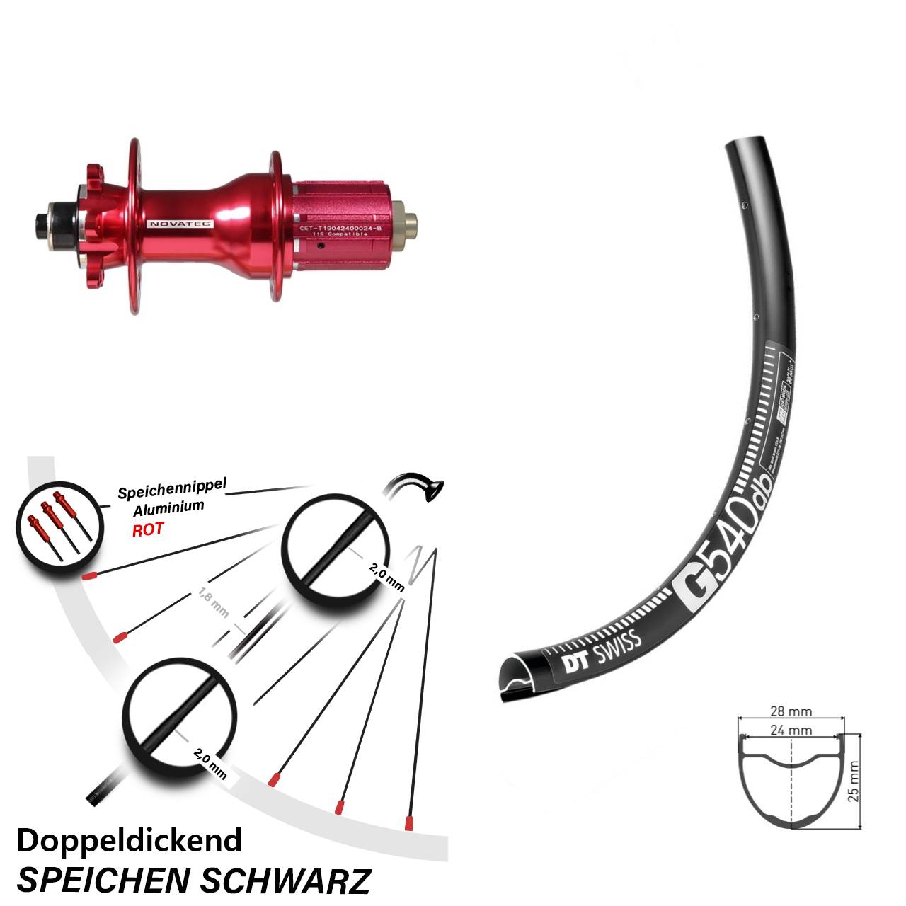 DT Swiss G 540 Hinterrad 28/29 Zoll mit Novatec D792SB Nabe rot 11-fach