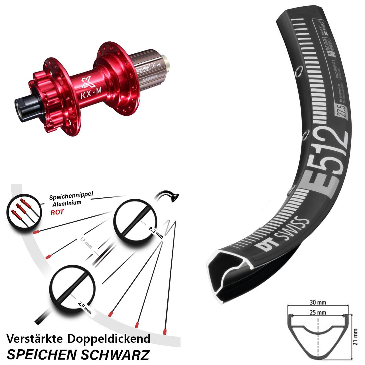 27,5 Zoll DT Swiss E 512 KX-M rot Disc Hinterrad 12x142 8-12 fach HG