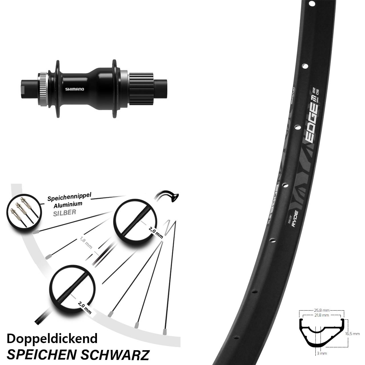 Centerlock Hinterrad 29 Zoll Ryde Edge M22 OS FH-TC500-B Micro Spline 12x148 Boost
