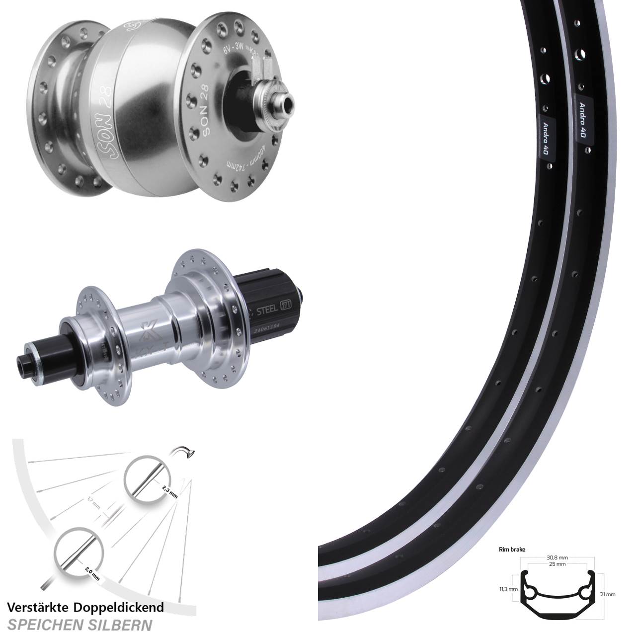 Ryde Andra 40 KX-TS Heavy Duty SON 28 silbern 20/26 Zoll Laufradsatz QR 8-12 fach