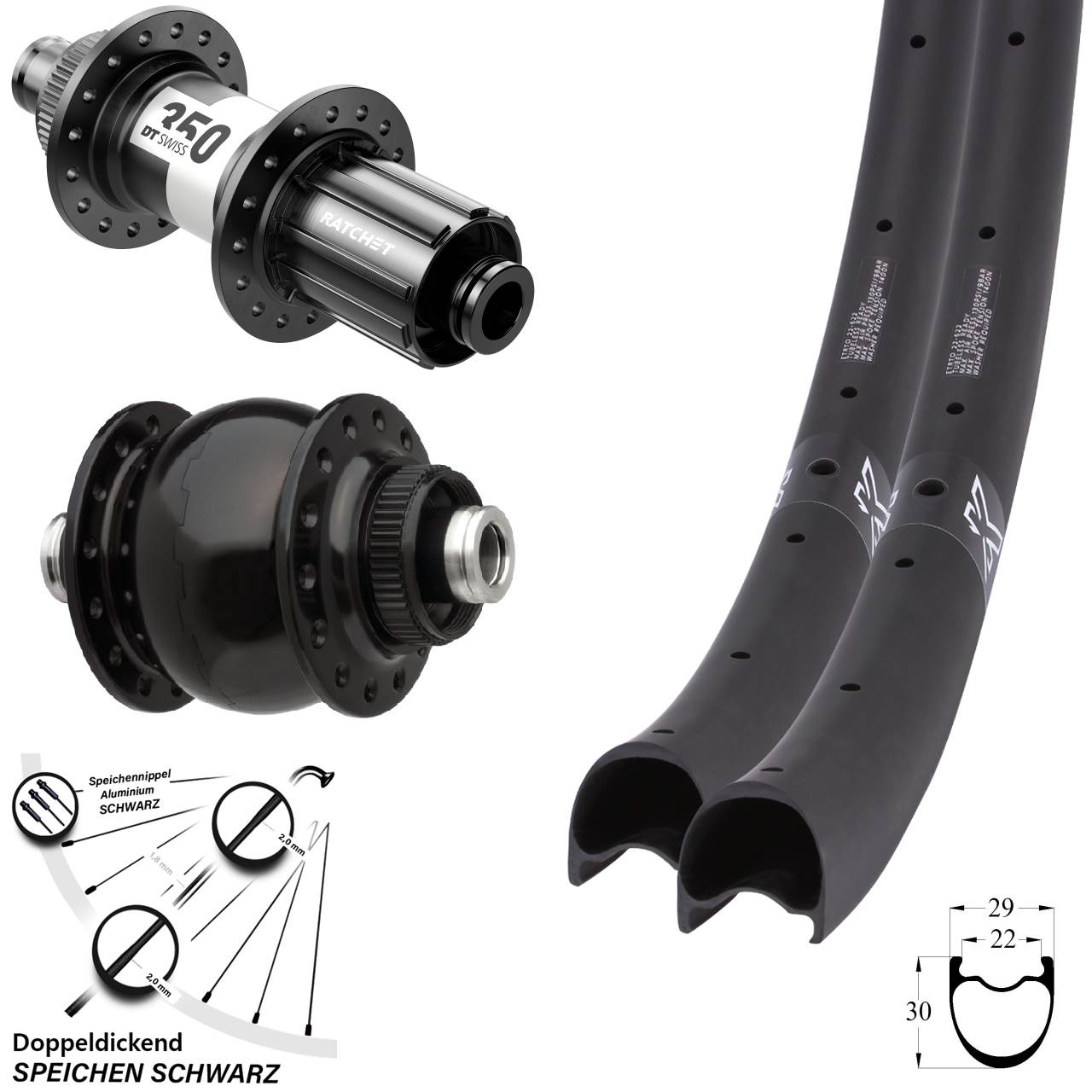 Disc Laufradsatz 12x100/142 29 Zoll KX-RC Gravel Carbon DT Swiss 350 SON 28 11-12 fach