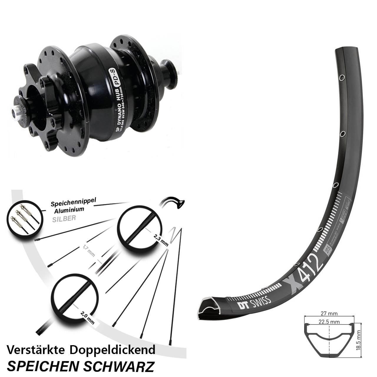 DT Swiss X412 Shutter PD-8 Disc 29 Zoll Vorderrad mit Nabendynamo für Schnellspanner