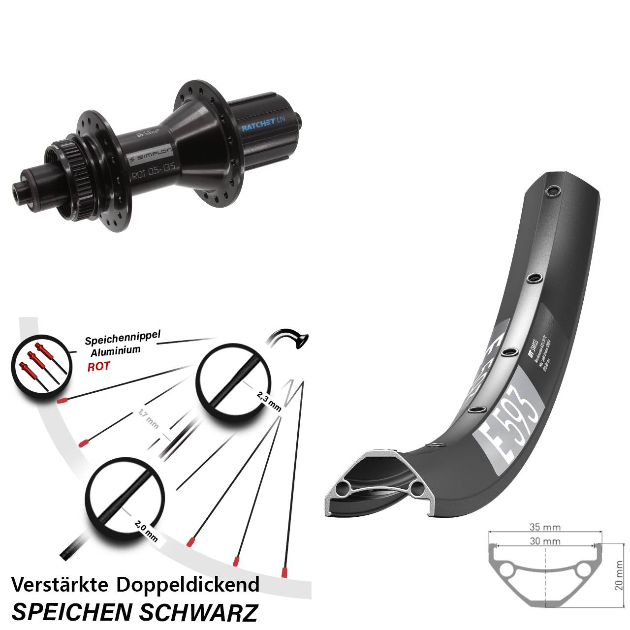 27,5 Zoll DT Swiss E 593-370 Hybrid Disc Laufrad QR 8-11 fach HG