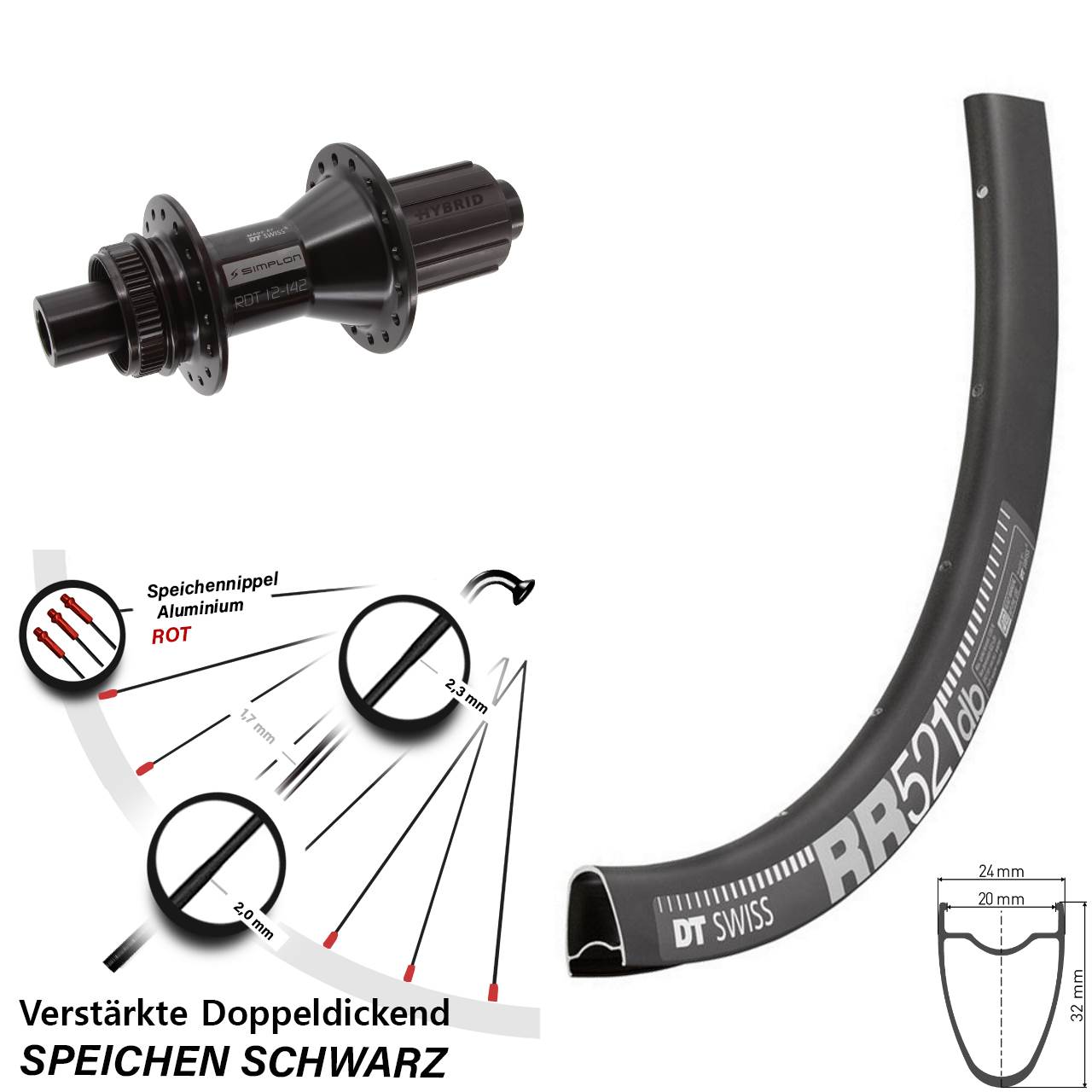 28 Zoll DT Swiss RR521-370 Hybrid Disc Laufrad 12x142 8-11 fach HG