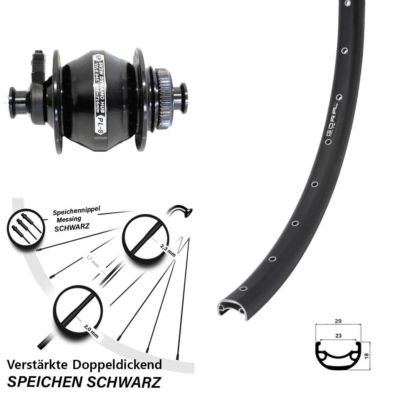 Disc Vorderrad mit Nabendynamo QR 28-29 Zoll Gora 23 Shutter Precision PL-8