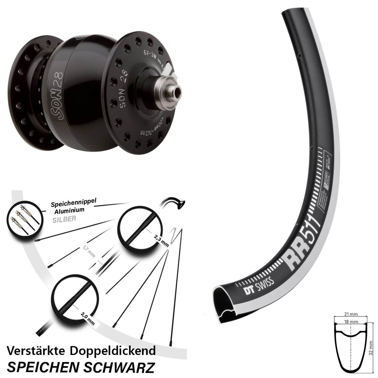 DT Swiss RR 511 SON 28 Zoll Vorderrad mit Nabendynamo QR