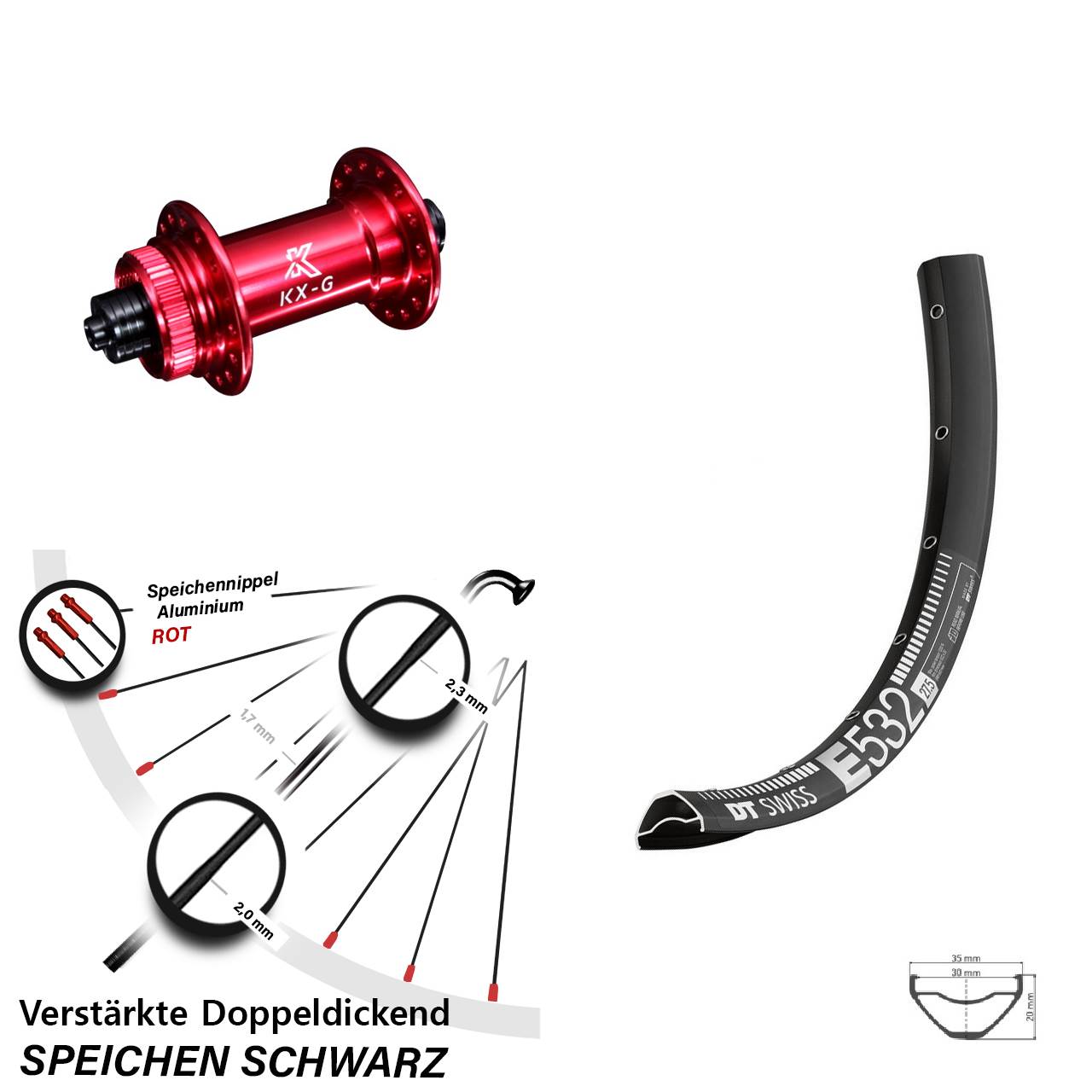 Disc Laufrad für Schnellspanner 29 Zoll DT Swiss E532 KX-G rot