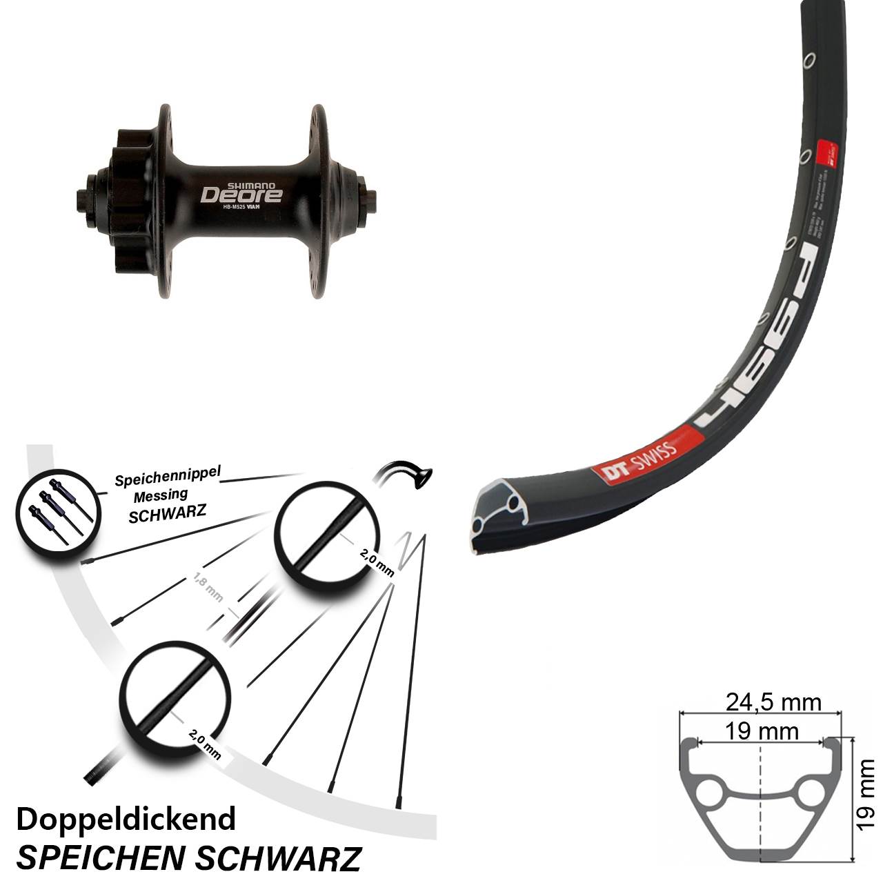 DT Swiss 466d Shimano Deore HB-M525 28 Zoll Vorderrad 6-Loch für Schnellspanner