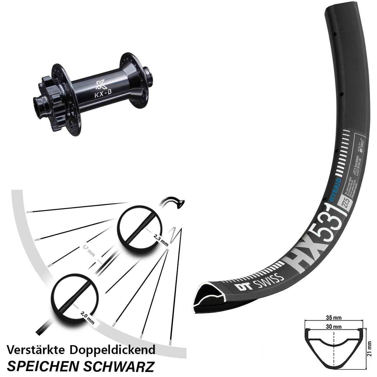 DT Swiss HX531 KX-B 27,5 Zoll Vorderrad 6-Loch 15x110 Boost