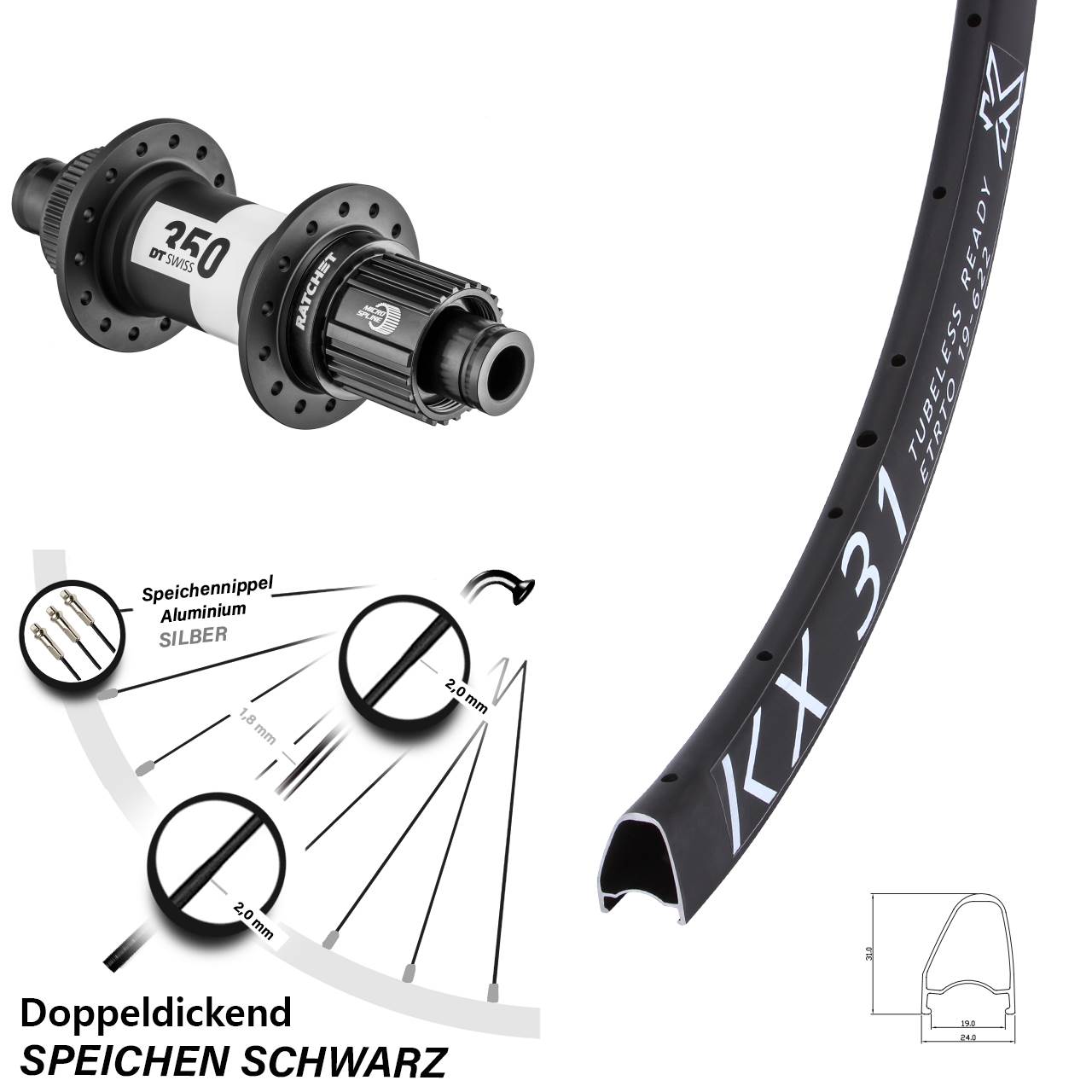 28 Zoll KX 31 Offset DT Swiss 350 Centerlock Hinterrad 12x142 Shimano Micro Spline