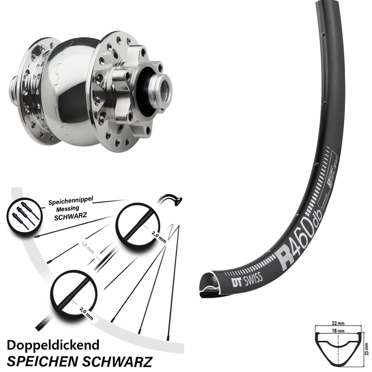 28 Zoll Nabendynamo Vorderrad DT Swiss R 460 DB Son 28-12 silbern poliert 6-Loch