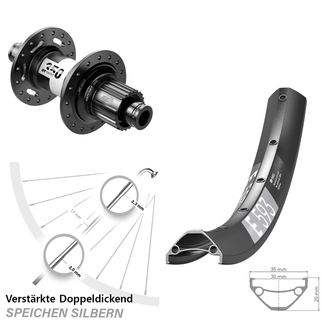 29 Zoll DT Swiss E593-350 DEG72 Disc Laufrad 12x148 Shimano Micro Spline