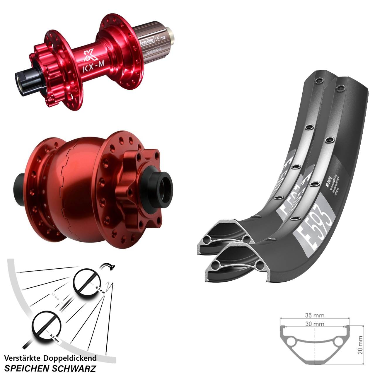 Disc Laufradsatz 15x100 12x142 29 Zoll DT Swiss E 593 KX-M rot SON 28 rot 8-12 fach
