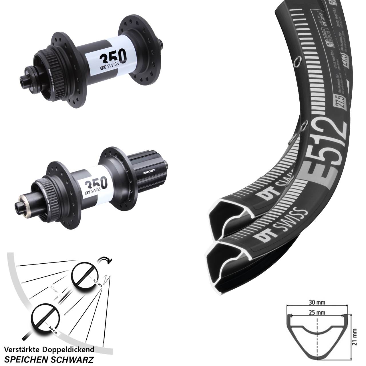 29 Zoll DT Swiss E 512-350 Ratchet 36 Laufradsatz Centerlock QR 8-11 fach