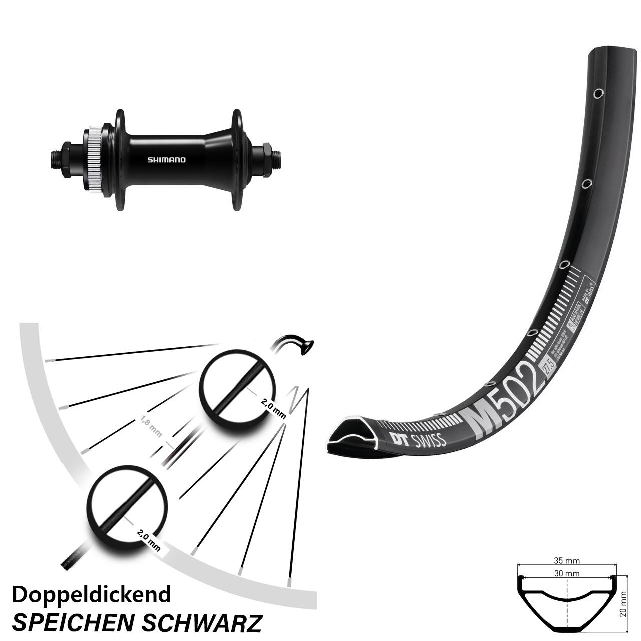 27,5 Zoll DT Swiss M502 Shimano HB-QC400 Centerlock Vorderrad QR