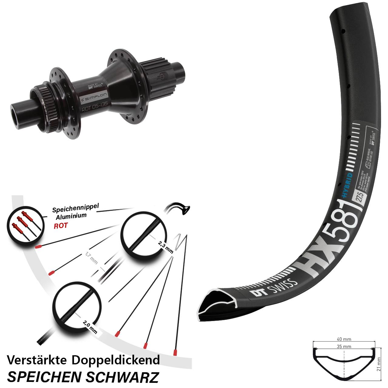 Hinterrad Centerlock 27,5 Zoll DT Swiss HX581 DT Swiss 370 Hybrid Micro Spline 12x142