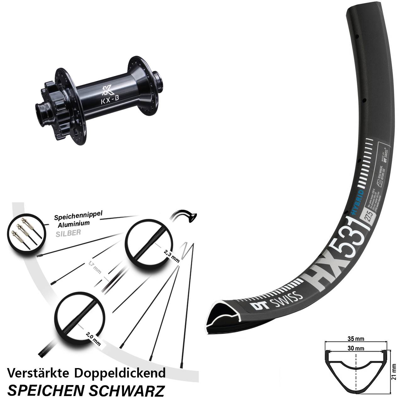 KX-B 15x110 mm 6-Loch DT Swiss HX 531 Vorderrad 29 Zoll E-Bike Boost