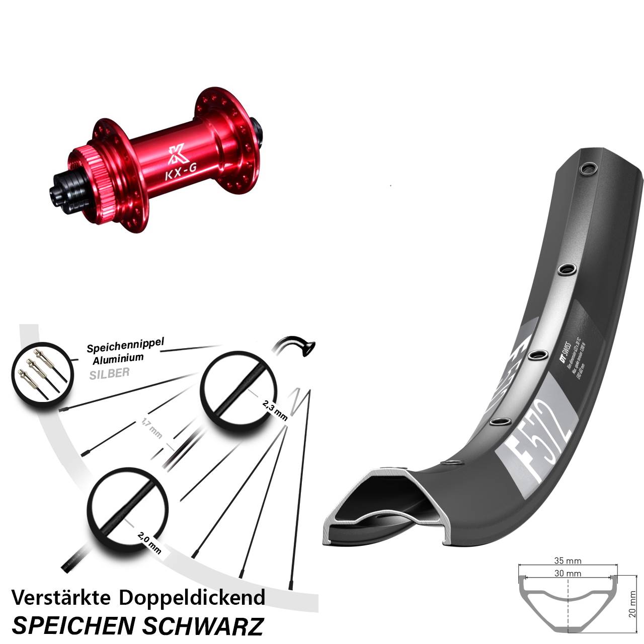 27,5 Zoll DT Swiss F 572 KX-G rot Disc Laufrad für Schnellspanner