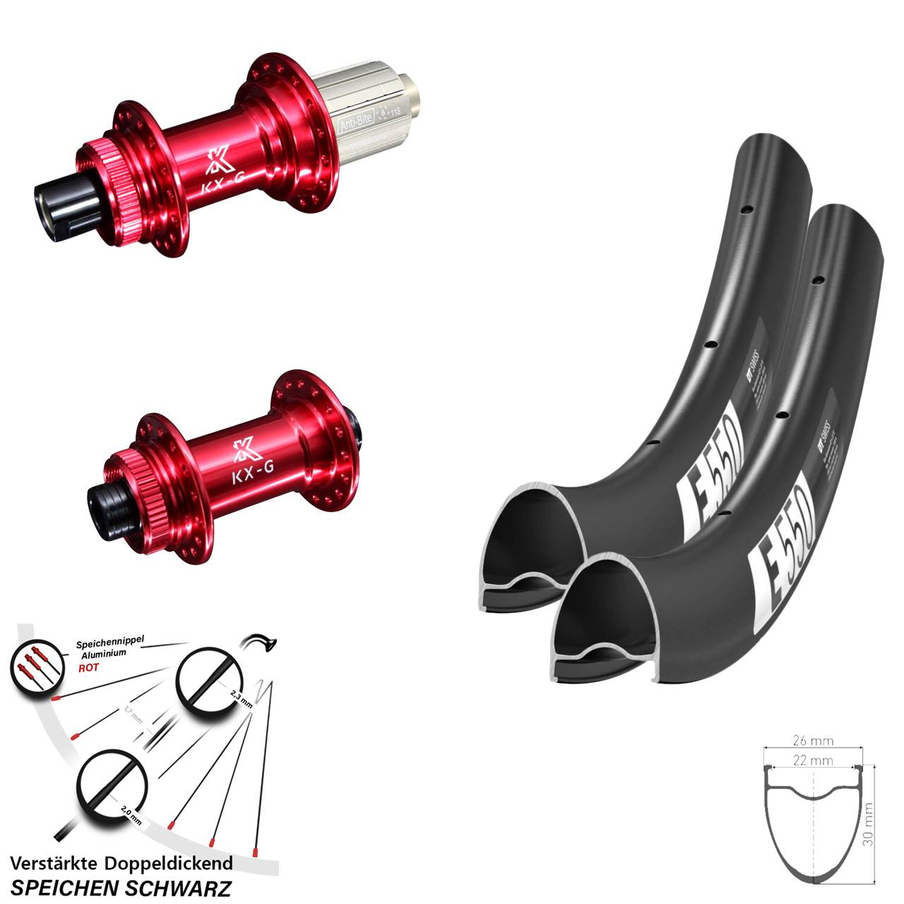 28 Zoll DT Swiss E550 KX-G rot Laufradsatz Centerlock 12x100/142 8-12 fach HG