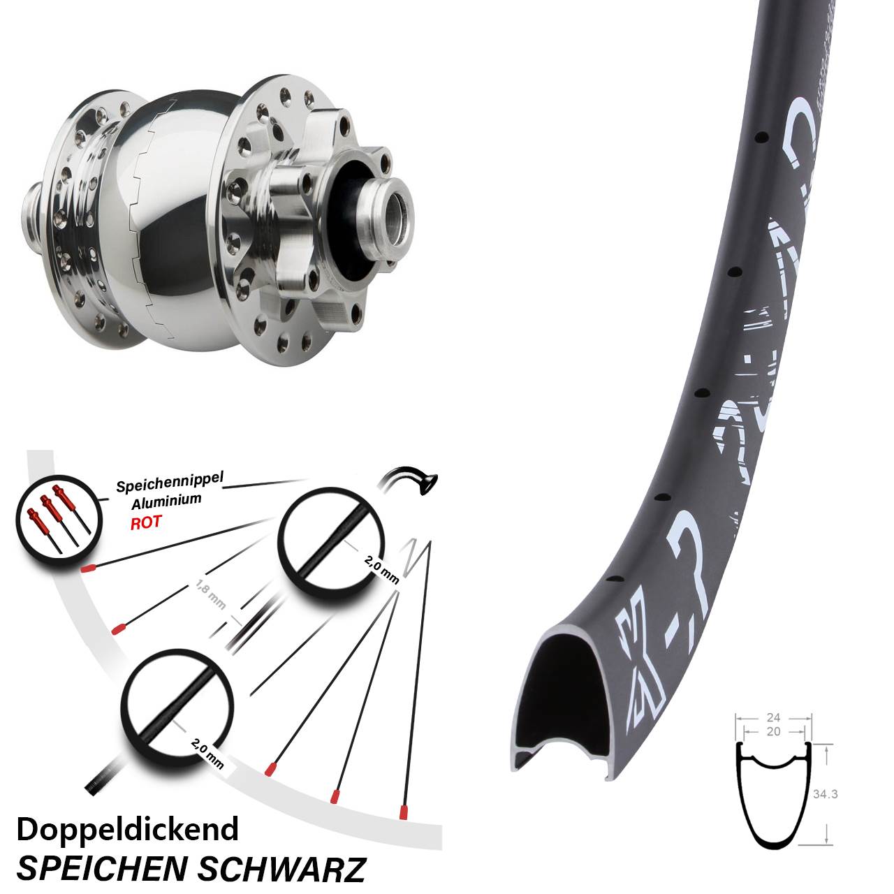 KX-R Road SON 28 Zoll poliert Dynamo-Vorderrad 6-Loch 12x100