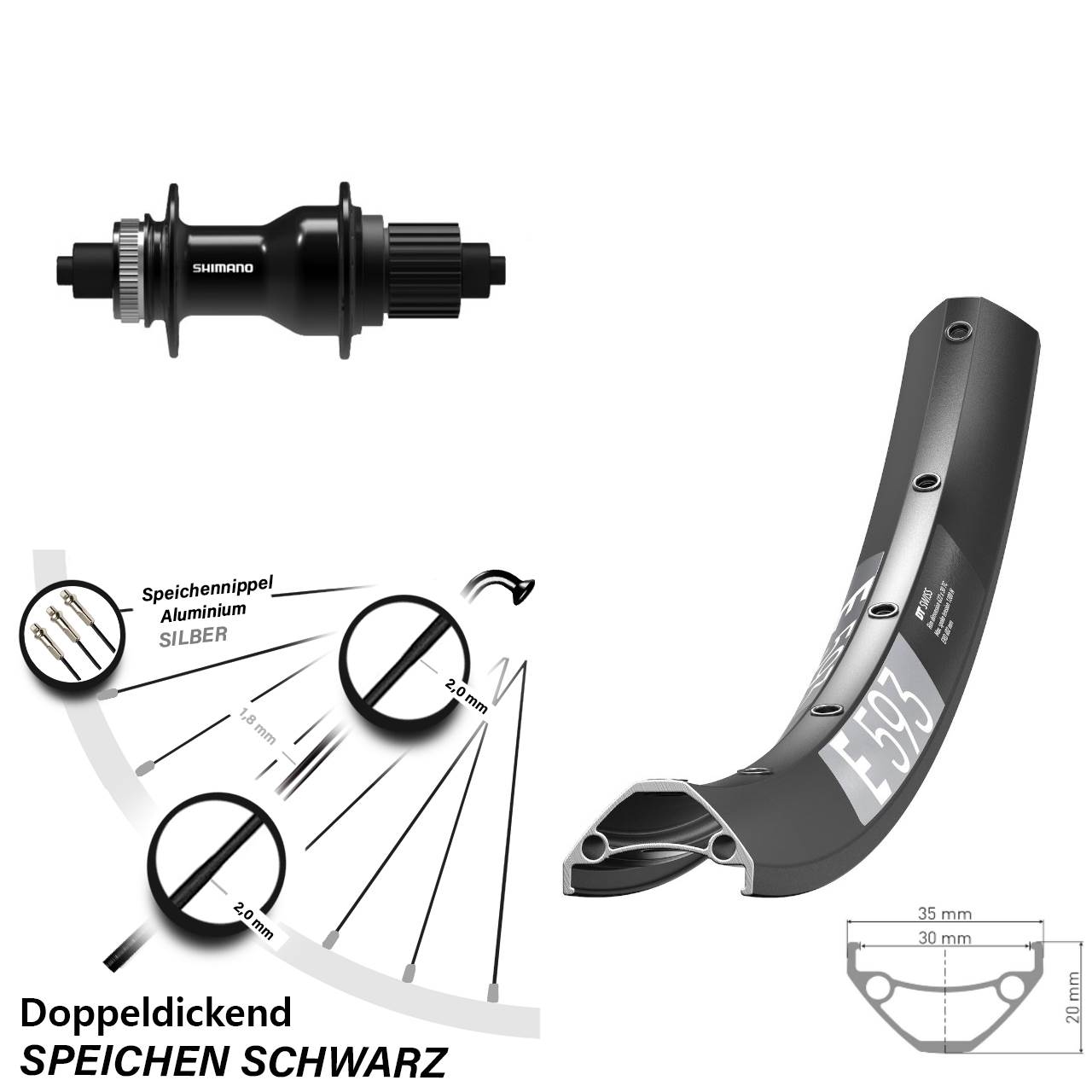 29 Zoll DT Swiss E 593 Shimano FH-QC500 Hinterrad Centerlock QR Micro Spline