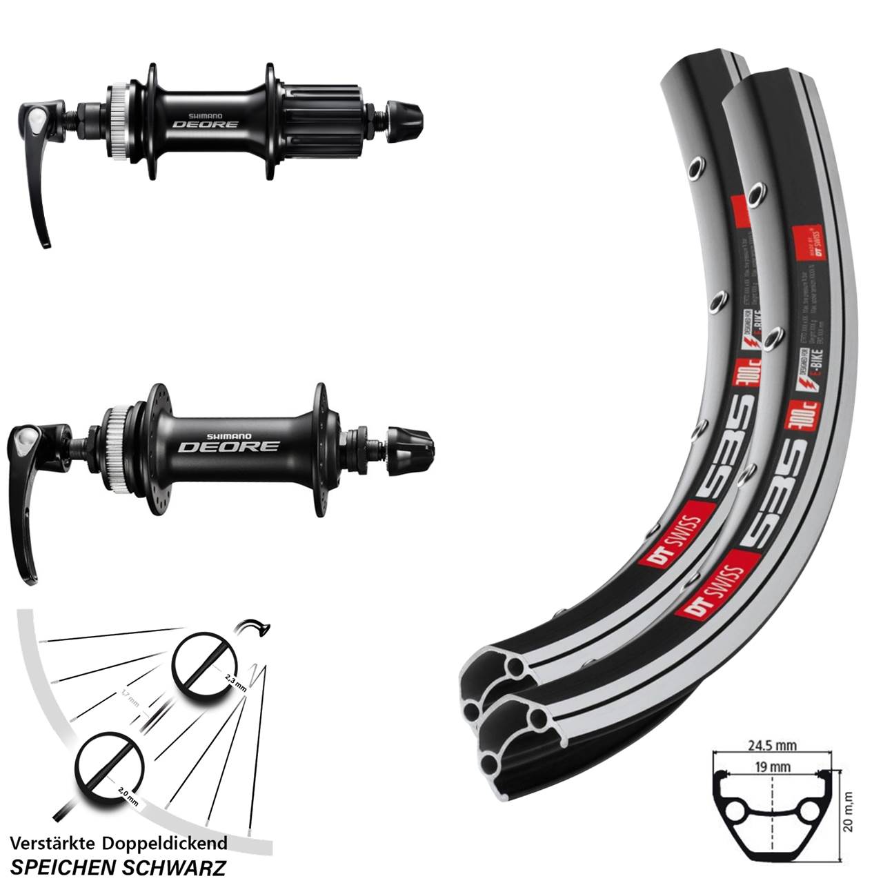 Laufradsatz 26 Zoll DT Swiss 535 Shimano Deore 8-11 fach QR
