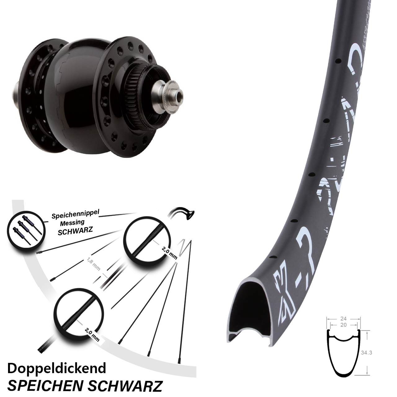 SON 28 Zoll Vorderrad mit Nabendynamo KX-R Road Schnellspanner 5x100 mm schwarz