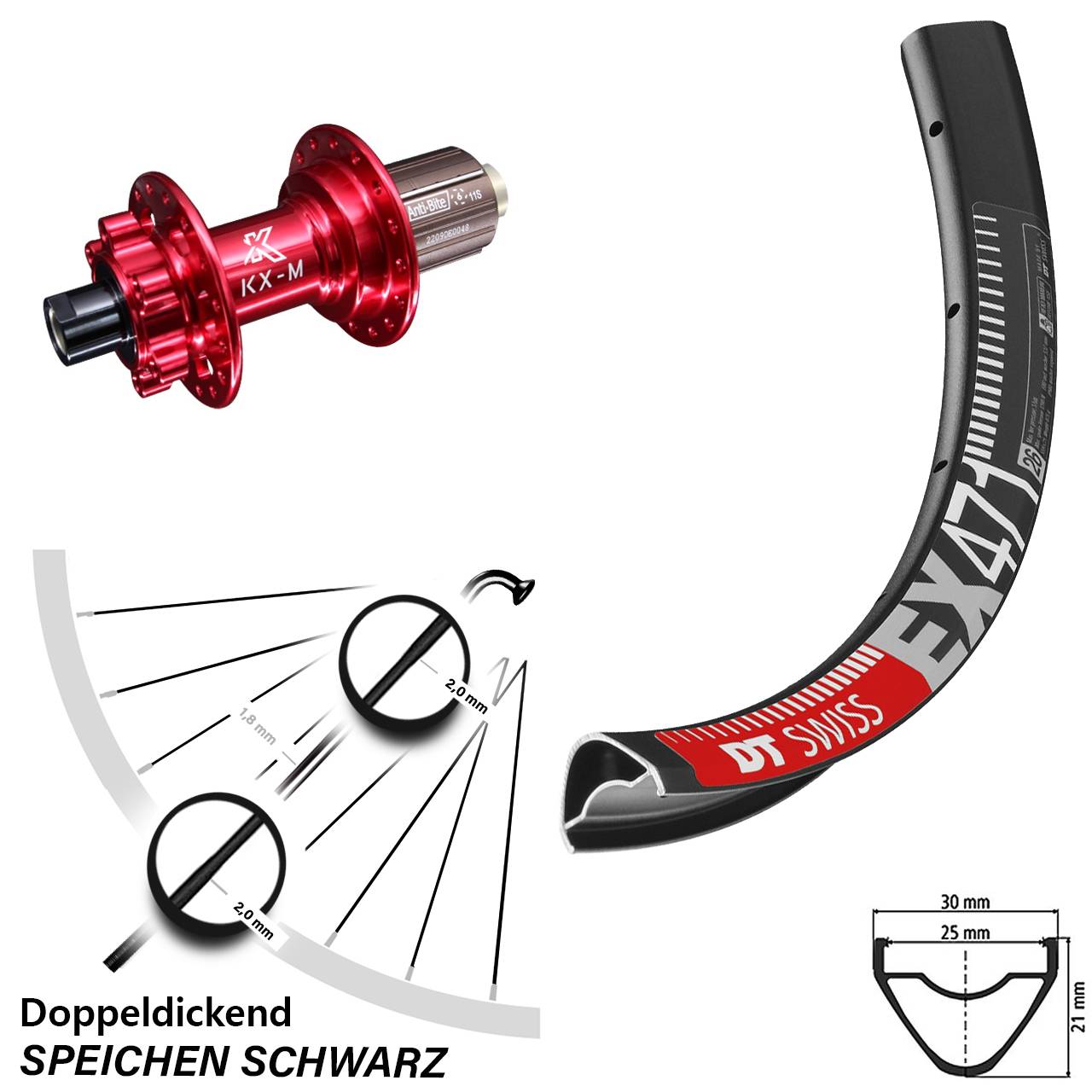 DT Swiss EX471 KX-M rot 12x142 27,5 Zoll Hinterrad 6-Loch 8-12 fach HG