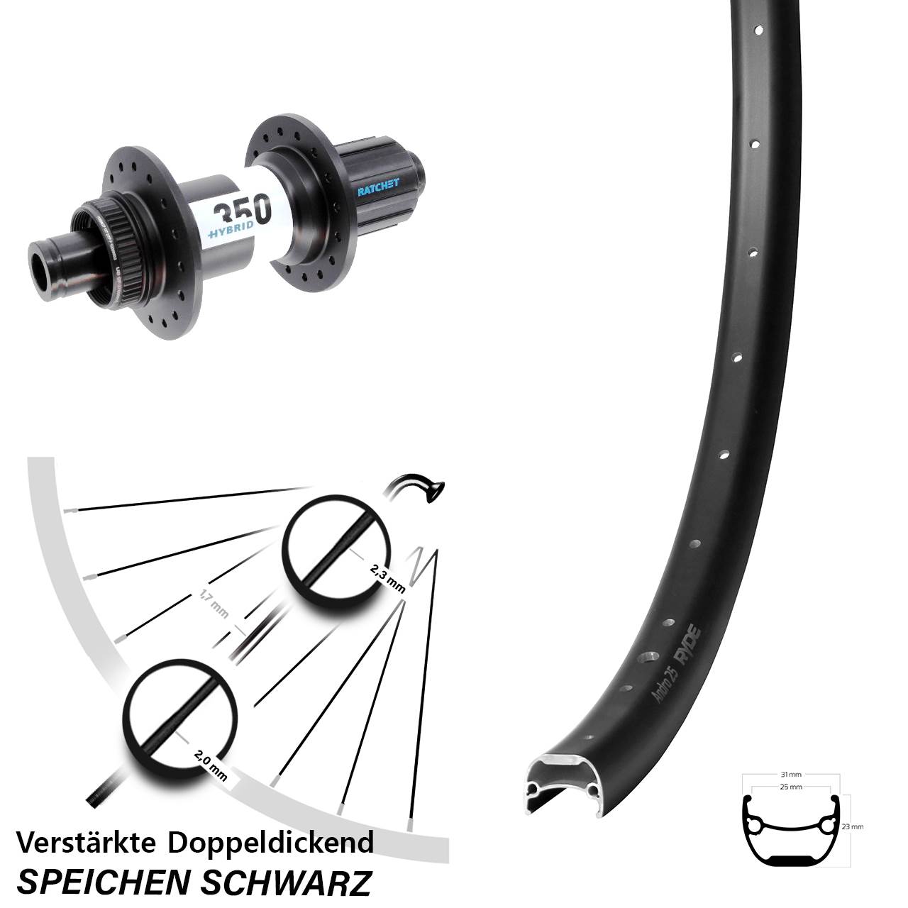 Disc Laufrad 28 Zoll Ryde Andra 25 DT Swiss 350 Hybrid 8-11 fach HG 12x148
