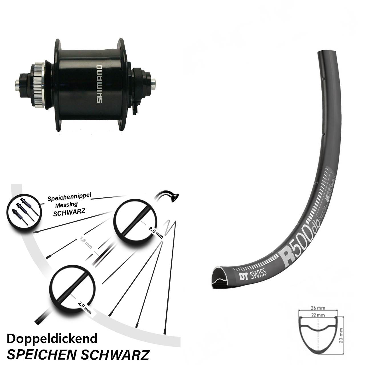 28 Zoll Vorderes Rad mit Nabendynamo DT Swiss R 500 Shimano DH-UR700 Centerlock schwarz