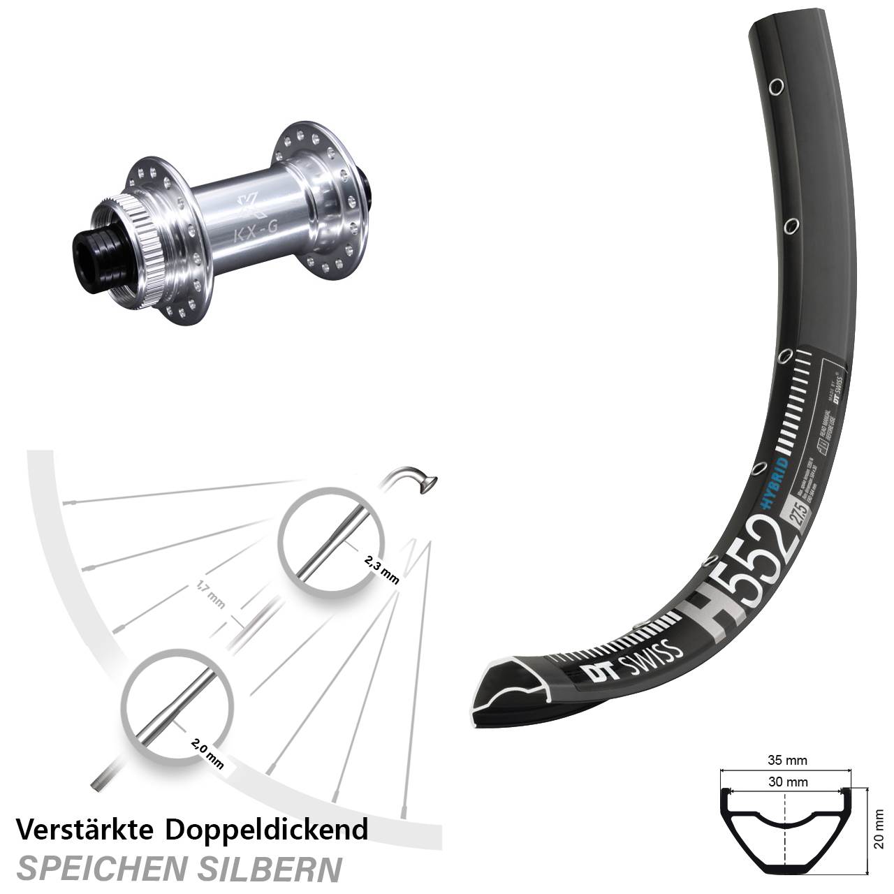 29 Zoll DT Swiss H 552 KX-G silbern Centerlock Vorderrad 15x100