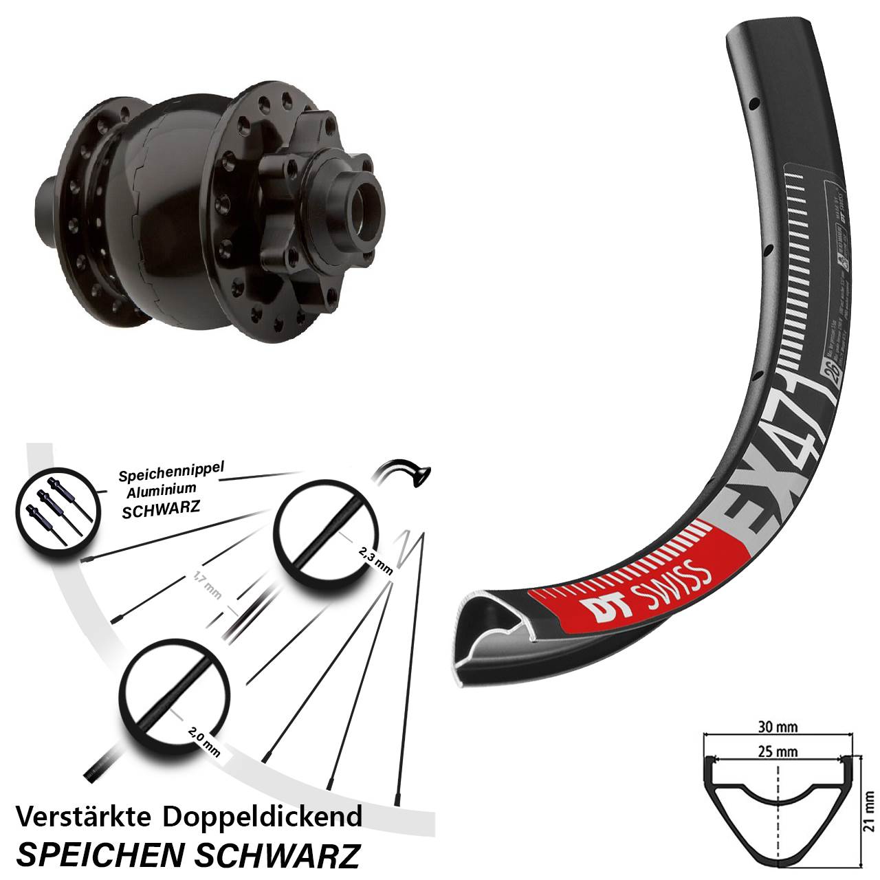 Nabendynamovorderrad 6-Loch 15x100 26 Zoll DT Swiss EX471 SON 28