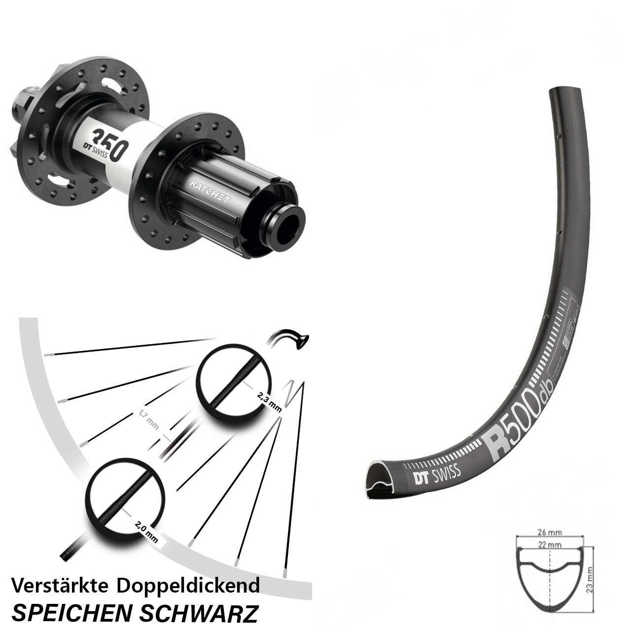 Hinterrad DT Swiss R500-350 Disc Steckachse 12x142 mm 8-11 fach