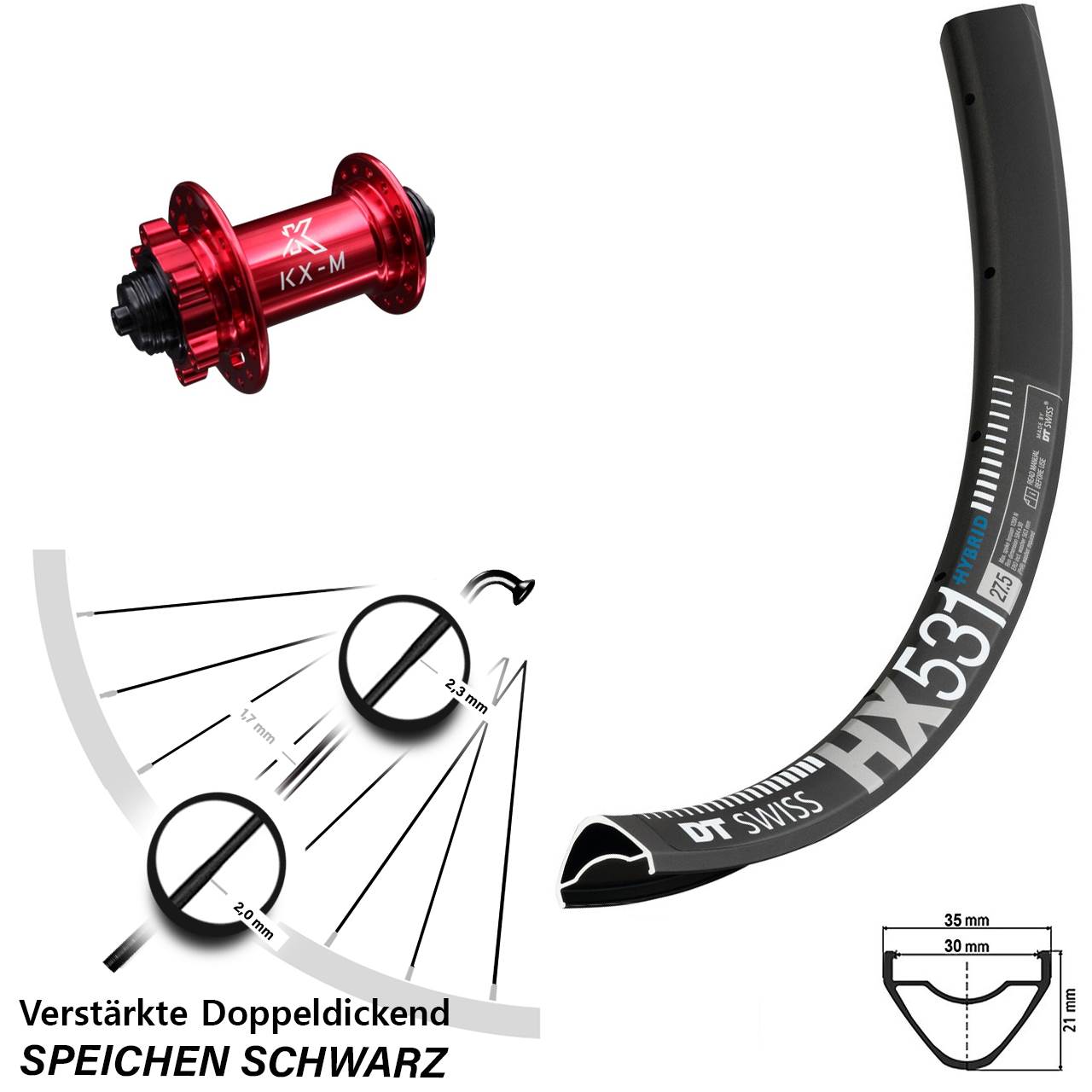 DT Swiss HX 531 KX-M rot 29 Zoll Vorderrad 6-Loch QR