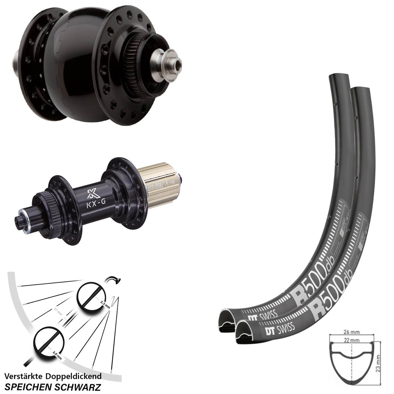 SON 28 Zoll DT Swiss R500 KX-G Disc Laufradsatz für Schnellspanner 8-12 fach