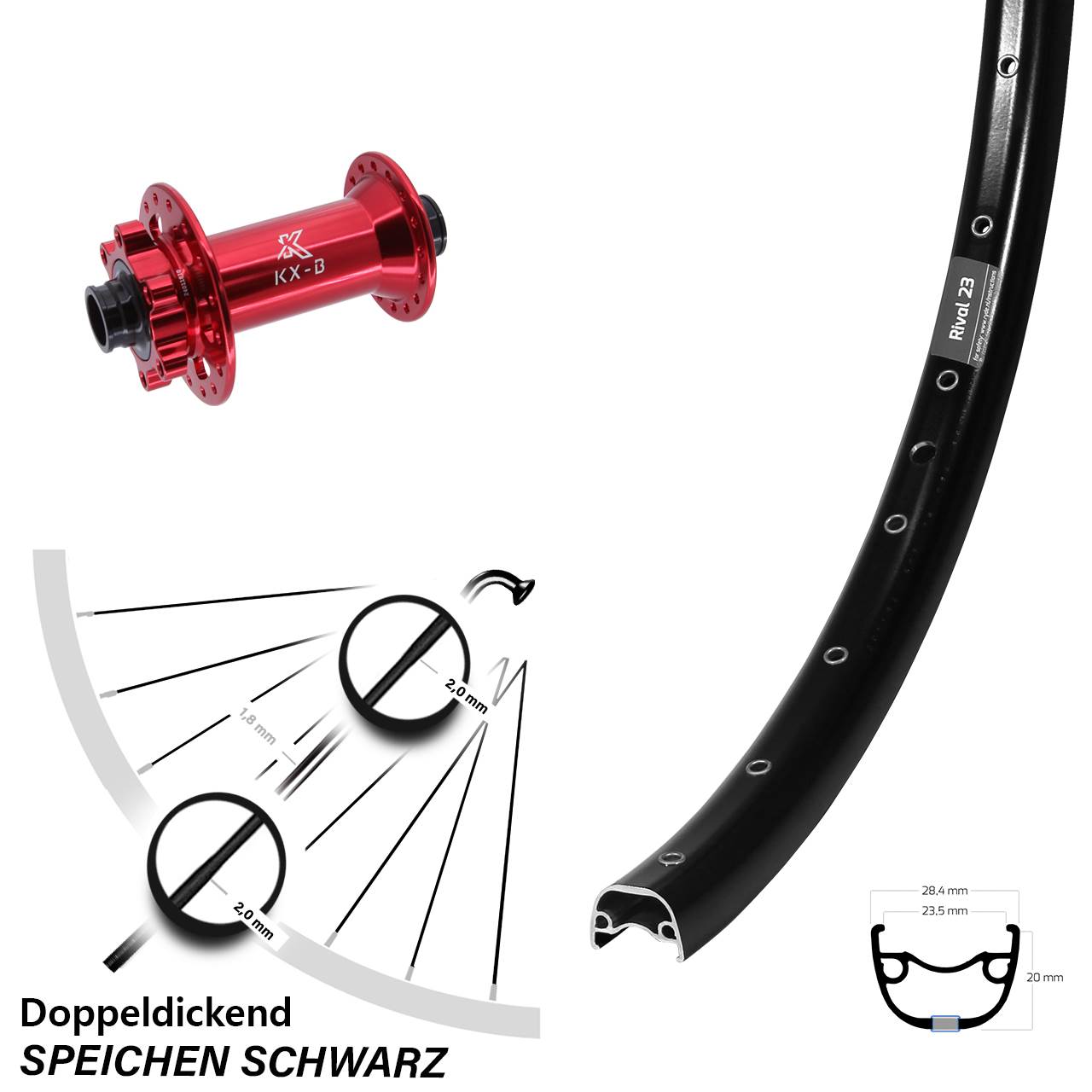 650B Ryde Rival 23 KX-B rot 6-Loch Vorderrad 15x110 Boost