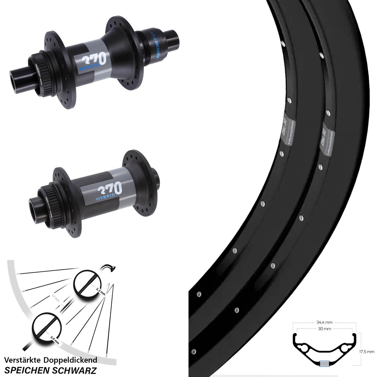 Centerlock Laufradsatz 27,5 Zoll Ryde Disc 30 DT Swiss 370 Hybrid SRAM XD 15x110 12x148