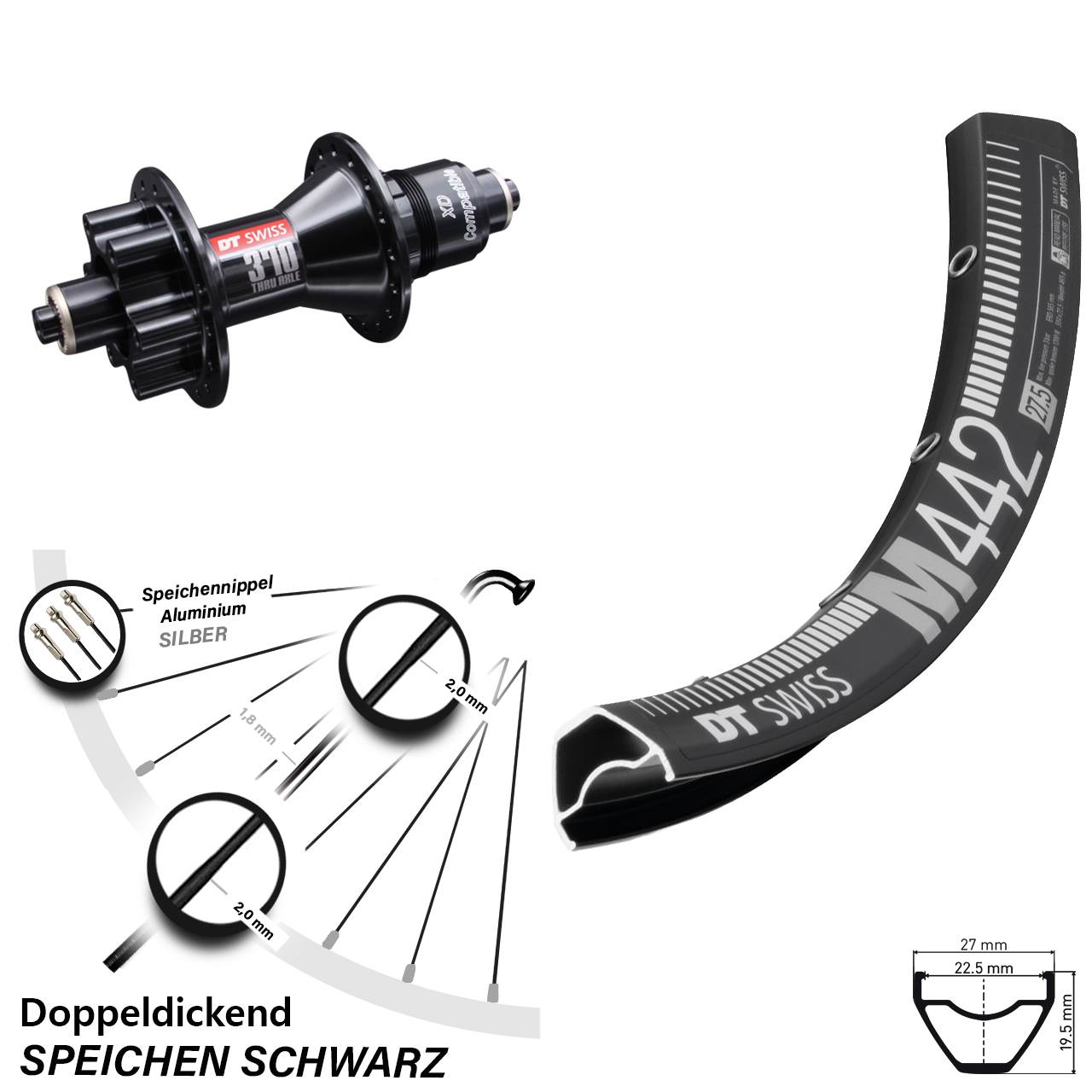 schwarzes 29 Zoll Hinterrad M 442 DT Swiss 370 6-Loch Sram XD 5x135 mm