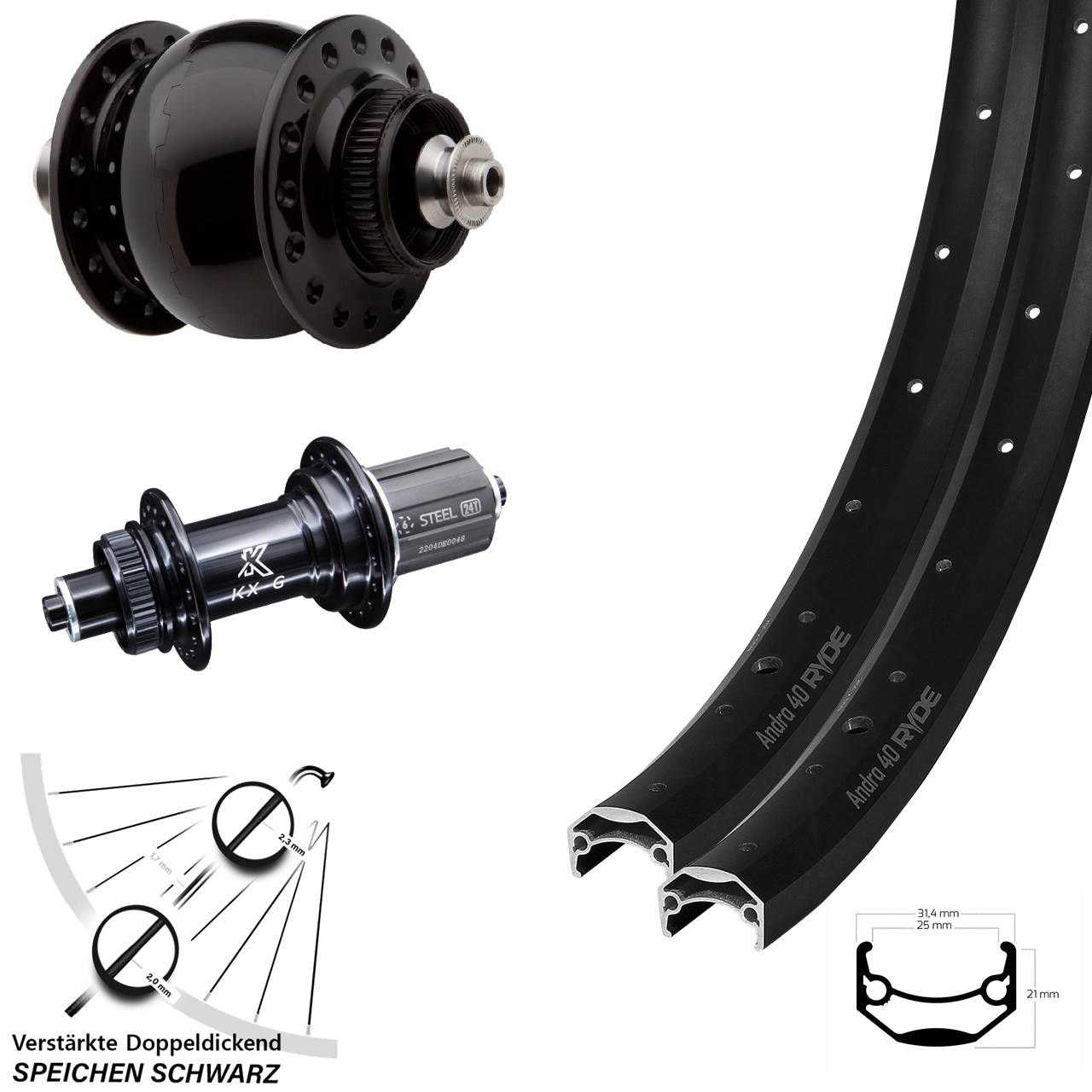 Ryde Andra 40 Disc KX-GS verstärkt SON 28 20 Zoll Laufradsatz Centerlock QR 8-12 fach