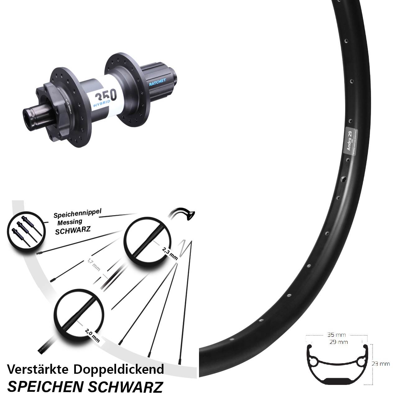 Hinterrad 29 Zoll Ryde Andra 29 DT Swiss 350 Hybrid 12x148 8-11 fach HG